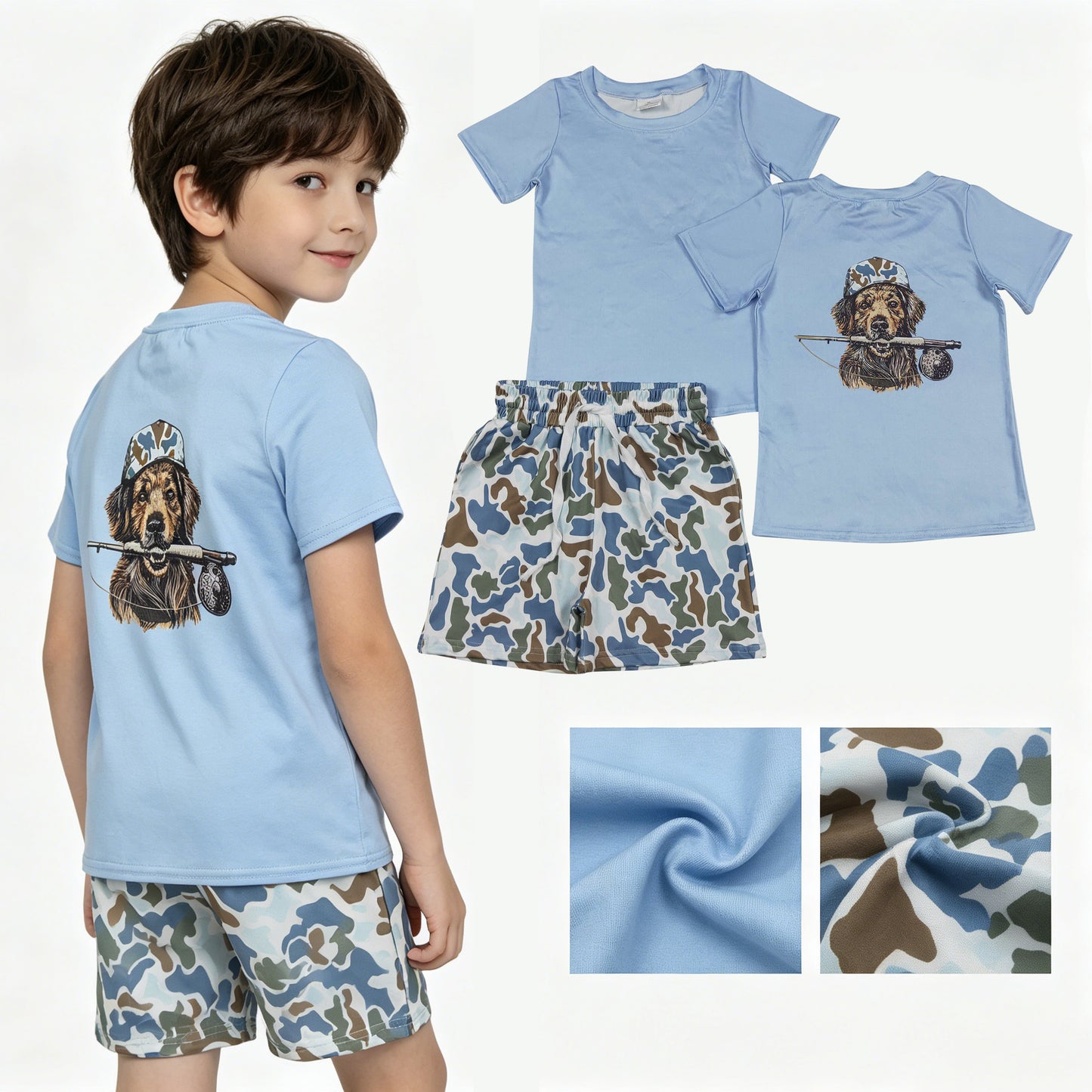 BSSO1999 Puppy Hunting Blue Short Sleeve Camouflage Shorts Boys Sets 202605 RTS
