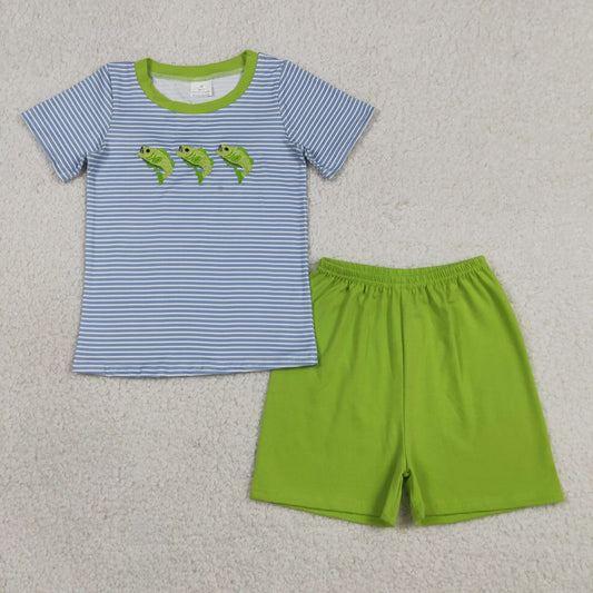 BSSO2001 Fishing Pattern Blue Stripe Short Sleeve Green Shorts Boys Sets 202605 RTS