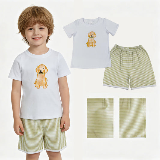 BSSO2002 Embroidered Puppy Pattern White Short Sleeve Green Stripe Shorts Boys Sets 202605 RTS