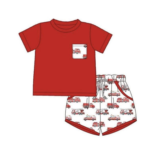 MOQ 5 PCS preorder BSSO2003 Trucks Pattern Pocket Red Short Sleeve Shorts Boys Sets 202603