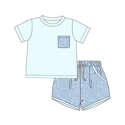 MOQ 5 PCS preorder BSSO2004 Beach Sand Digging Pattern Pocket Blue Short Sleeve Shorts Boys Sets 202603