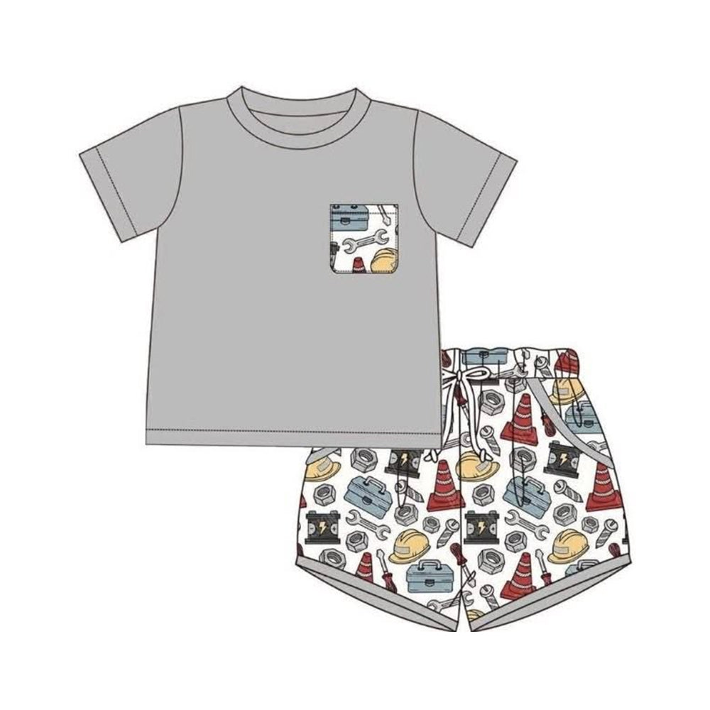 MOQ 5 PCS preorder BSSO2005 Tool Pattern Pocket Gray Short Sleeve Shorts Boys Sets 202603