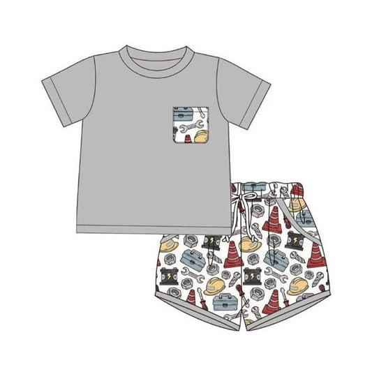 MOQ 5 PCS preorder BSSO2005 Tool Pattern Pocket Gray Short Sleeve Shorts Boys Sets 202603