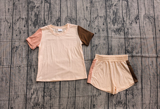 NO MOQ preorder BSSO2012 Beige Brown Patchwork Short Sleeve Shorts Boys Sets 202606