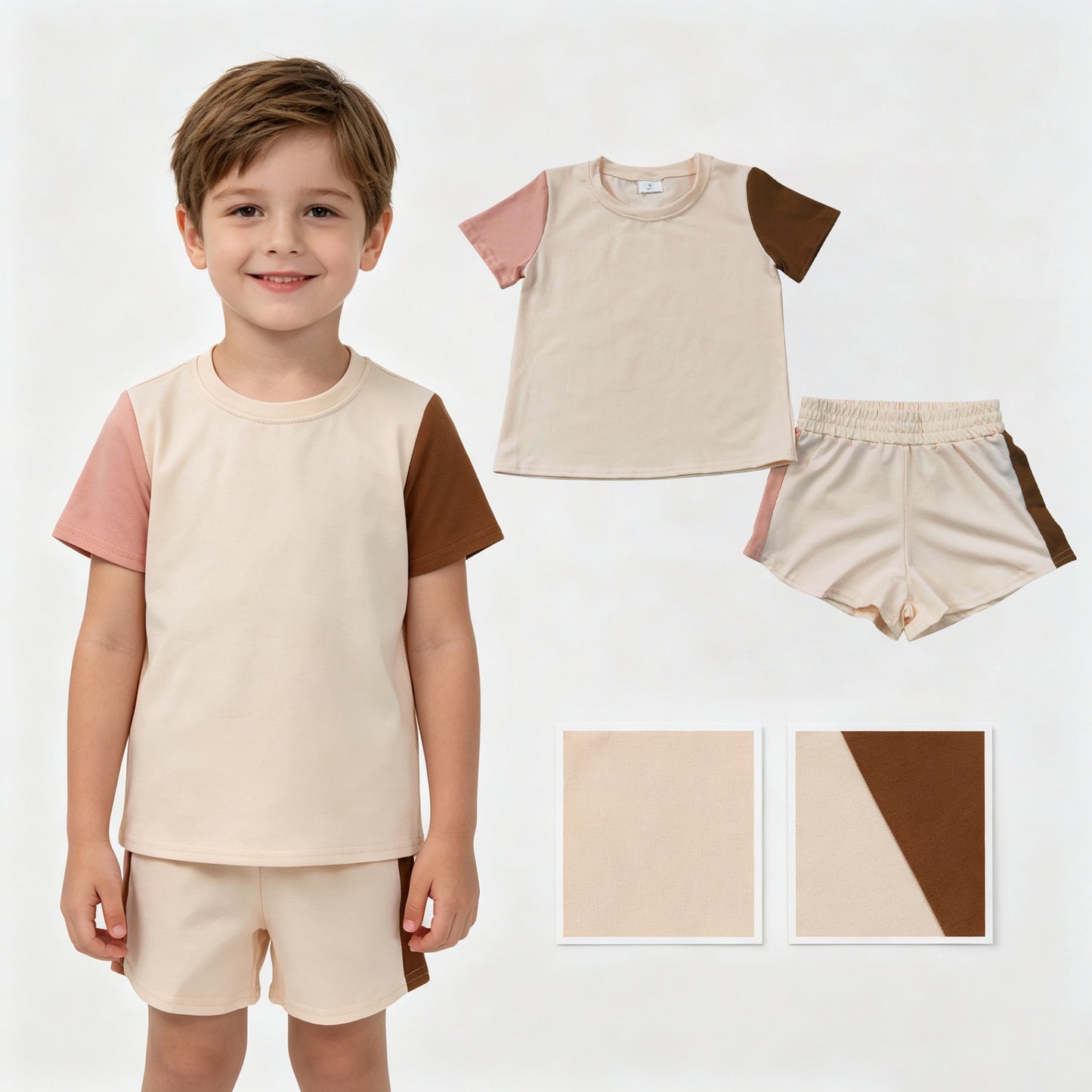 BSSO2012 Beige Brown Patchwork Short Sleeve Shorts Boys Sets 202607 RTS