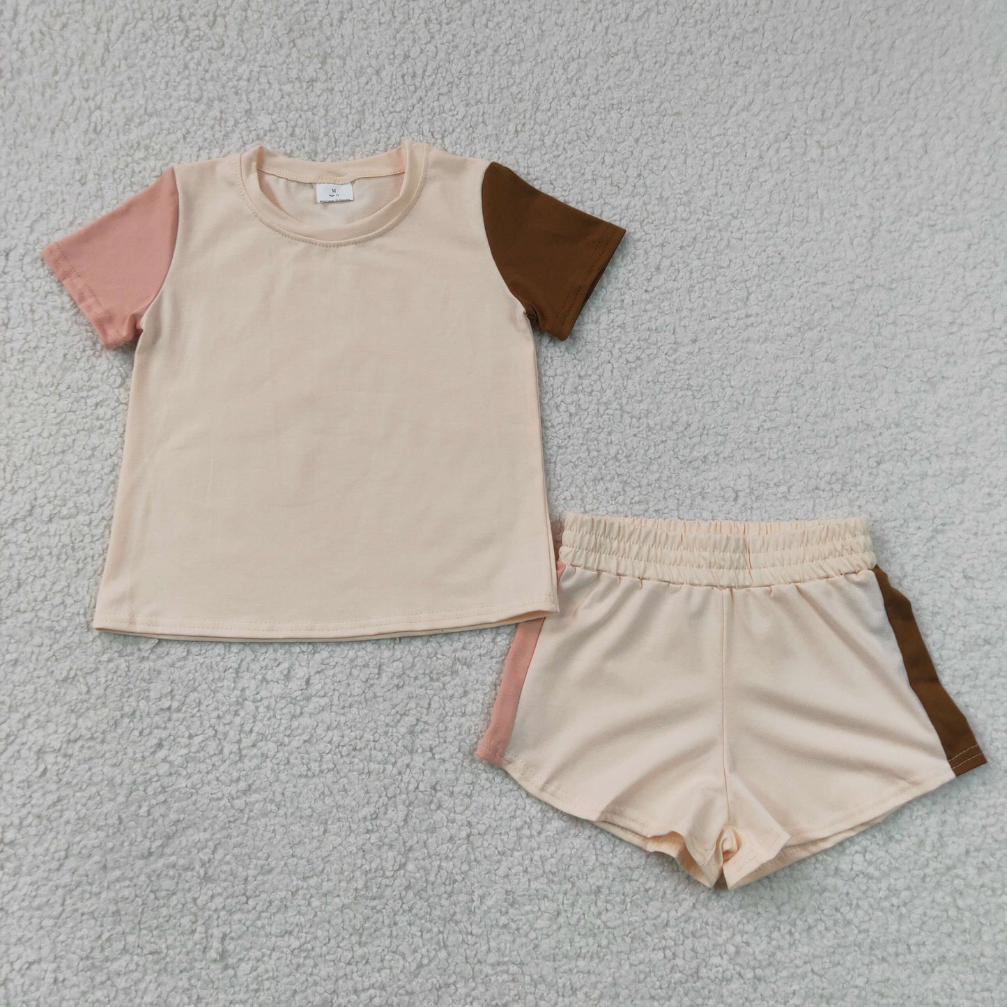 BSSO2012 Beige Brown Patchwork Short Sleeve Shorts Boys Sets 202607 RTS