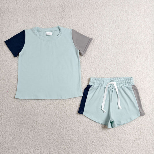 BSSO2013 Dark Light Blue Patchwork Short Sleeve Shorts Boys Sets 202606 RTS