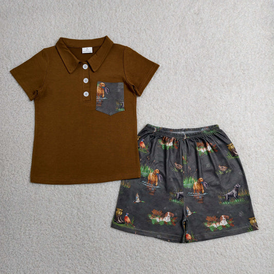 BSSO2014 Puppy Duck Hunting Brown Polo Short Sleeve Shorts Boys Sets 202606 RTS