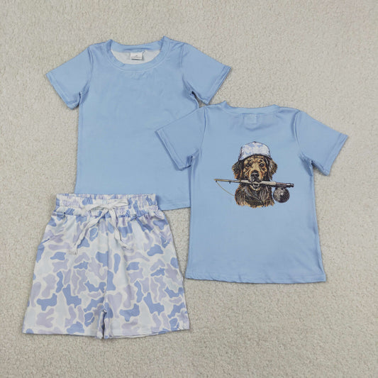 BSSO2015 Blue Camouflage Hat Puppy Fishing Pattern Short Sleeve Shorts Boys Sets 202605 RTS