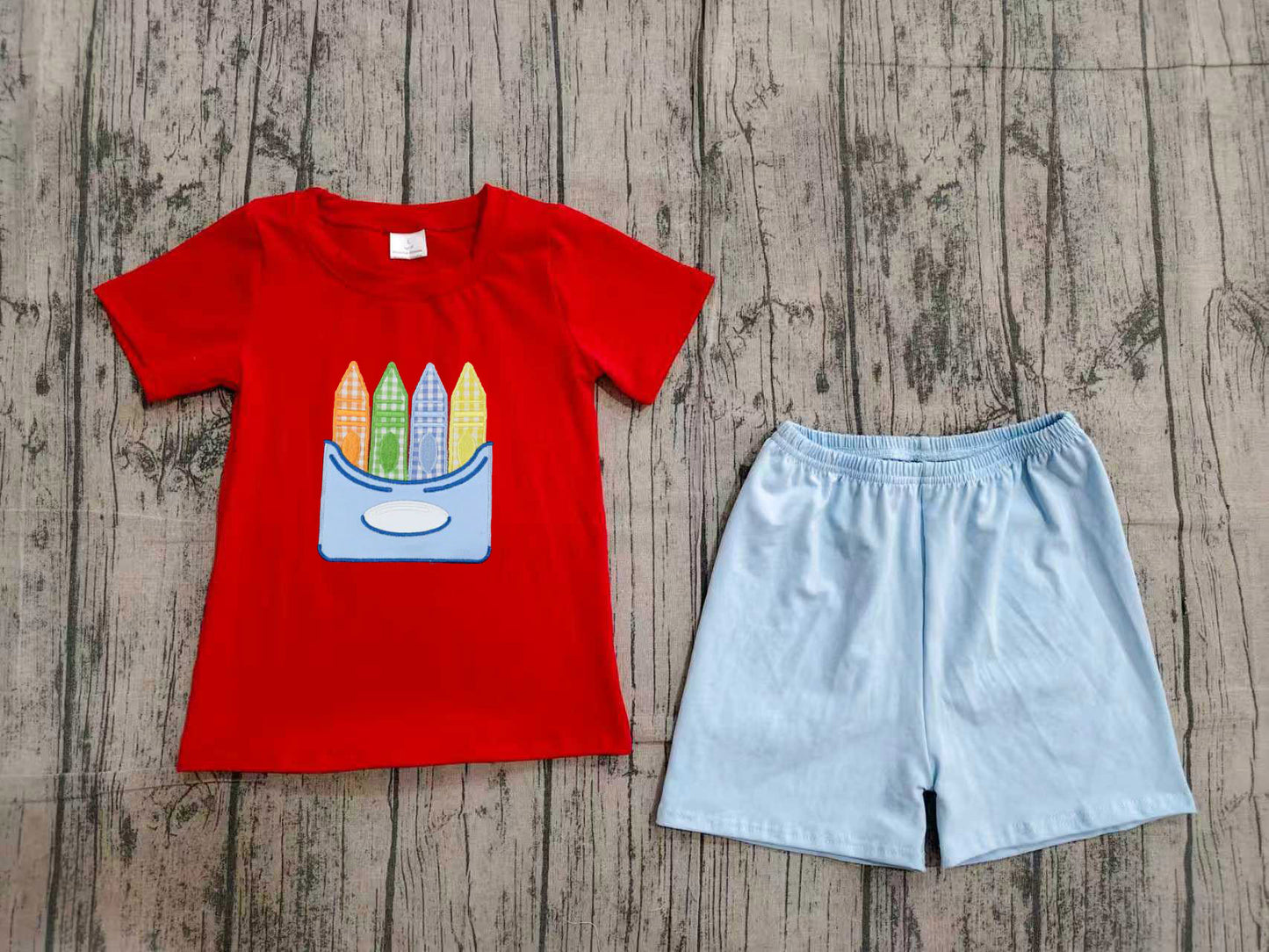 NO MOQ preorder BSSO2023 Embroidered Back to School Crayon Red Short Sleeve Shorts Boys Sets 202604