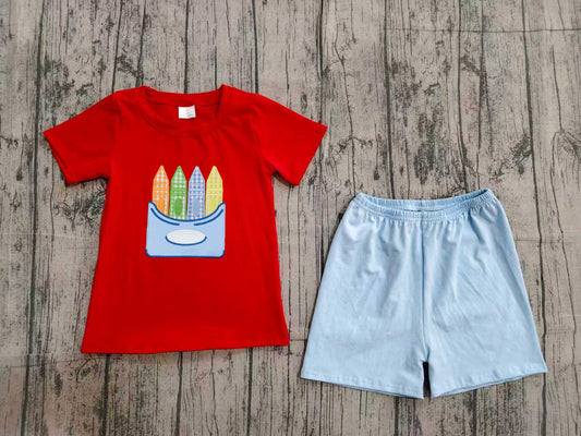NO MOQ preorder BSSO2023 Embroidered Back to School Crayon Red Short Sleeve Shorts Boys Sets 202604