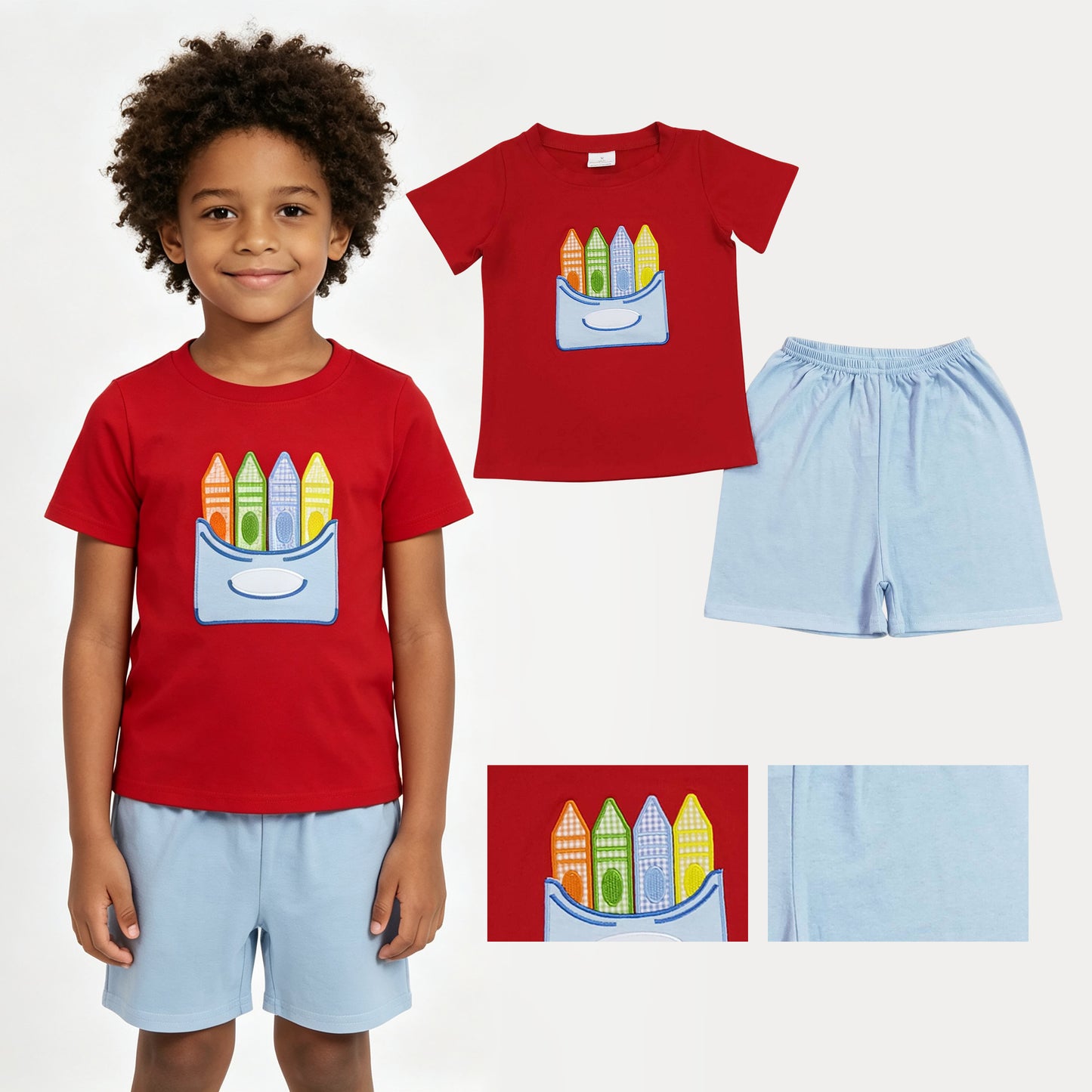 BSSO2023 Embroidered Back to School Crayon Red Short Sleeve Shorts Boys Sets 202607 RTS
