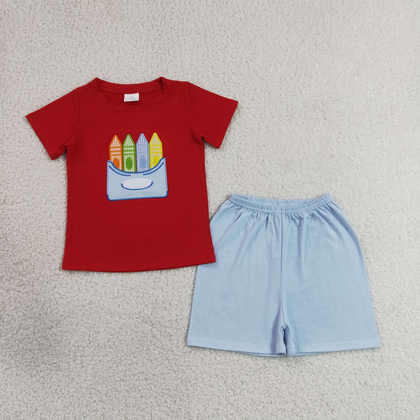 BSSO2023 Embroidered Back to School Crayon Red Short Sleeve Shorts Boys Sets 202607 RTS