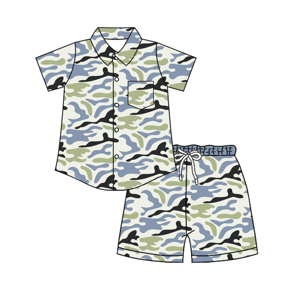 MOQ 5 PCS preorder BSSO2027 Light Blue Green Camouflage Buttons Polo Short Sleeve Shorts Boys Sets 202604