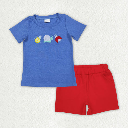 BSSO2031 Embroidered Snail Insect Blue Short Sleeve Red Shorts Boys Sets 202604 RTS
