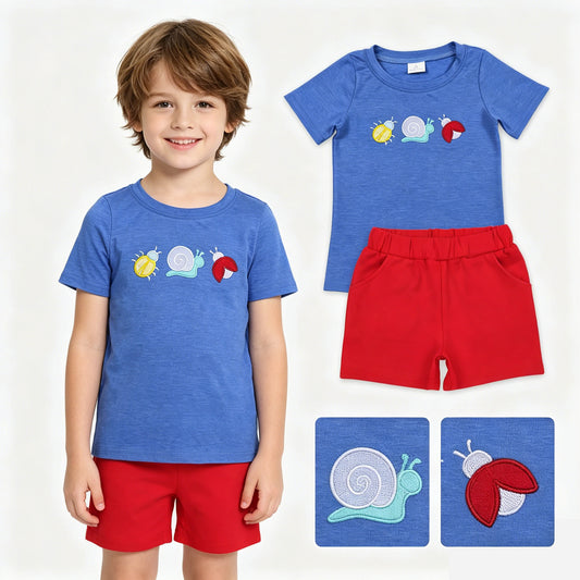 BSSO2031 Embroidered Snail Insect Blue Short Sleeve Red Shorts Boys Sets 202604 RTS