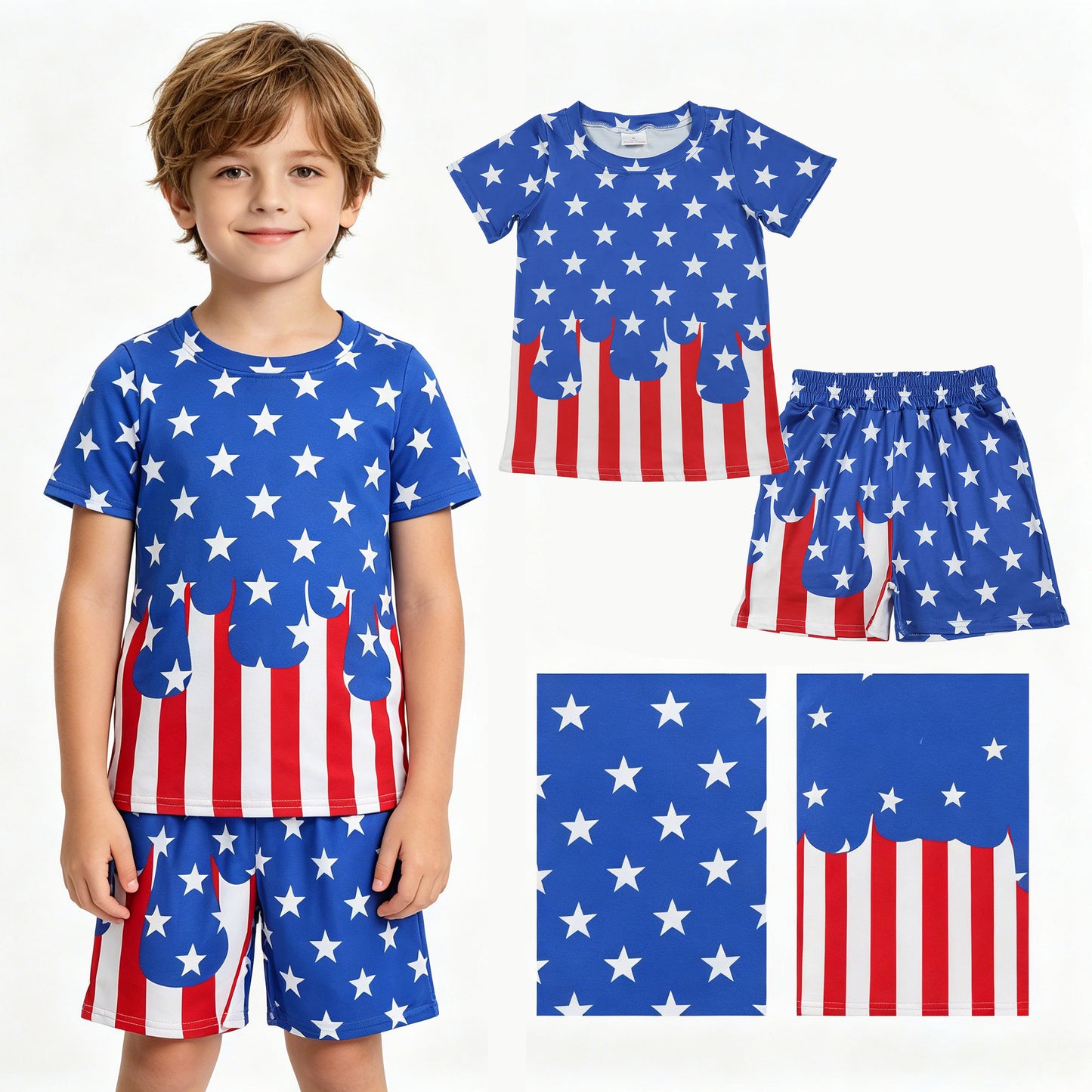BSSO2040 4th of July Star Stripe Blue Short Sleeve Red Shorts Boys Sets 202605 RTS