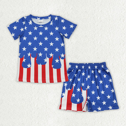 BSSO2040 4th of July Star Stripe Blue Short Sleeve Red Shorts Boys Sets 202605 RTS