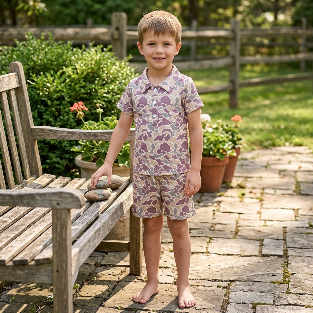 BSSO2046 Hunting Camo Polo Boys Shorts Outfits