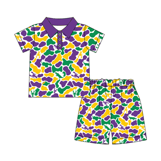 Preorder MOQ 5 pcs BSSO2048 Mardi Gras Camo Polo Boys Shorts Set