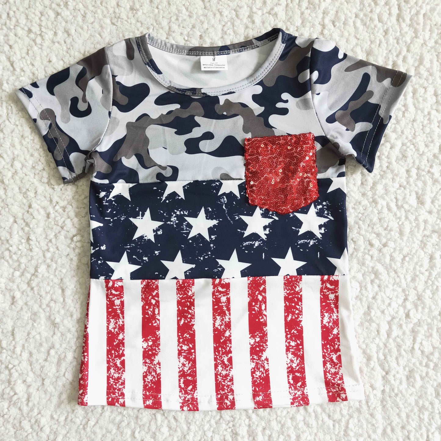 Clearance BT0008 Boys camo National Day sequin pocket short sleeve