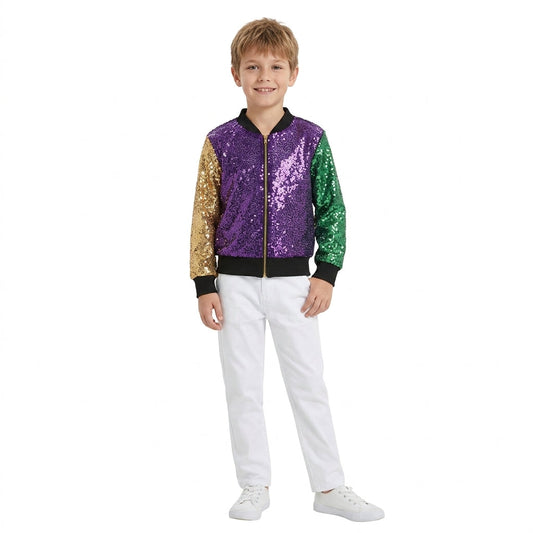 BT0451 Mardi Gras Purple Green Gold Sequin Kids Coat