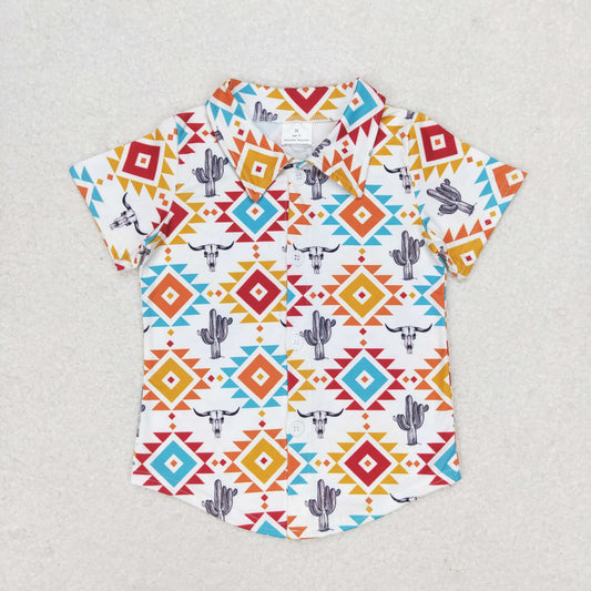 BT0550 Alpine cactus geometric graphic buttons white short-sleeved top natural-children's-clothing