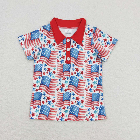 BT0565 4th of July Star Flag Red Polo Short Sleeve Boys t Shirts RTS 202509