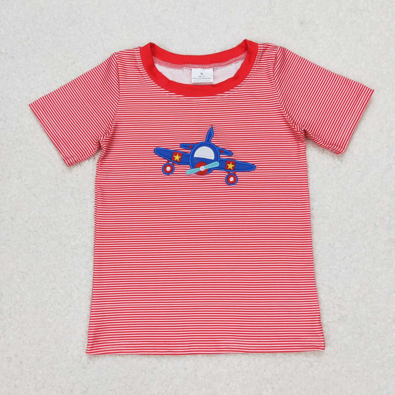 BT0594 Embroidery aircraft red striped short sleeve top high quality children boutique clothing