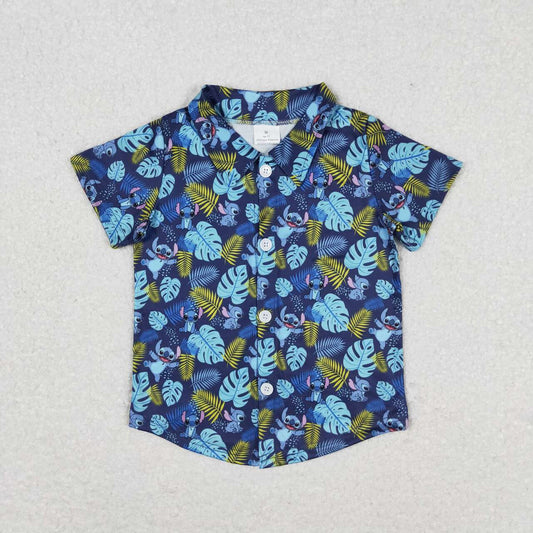 BT0608 Cartoon Stitch leaves blue button short sleeve top high quality