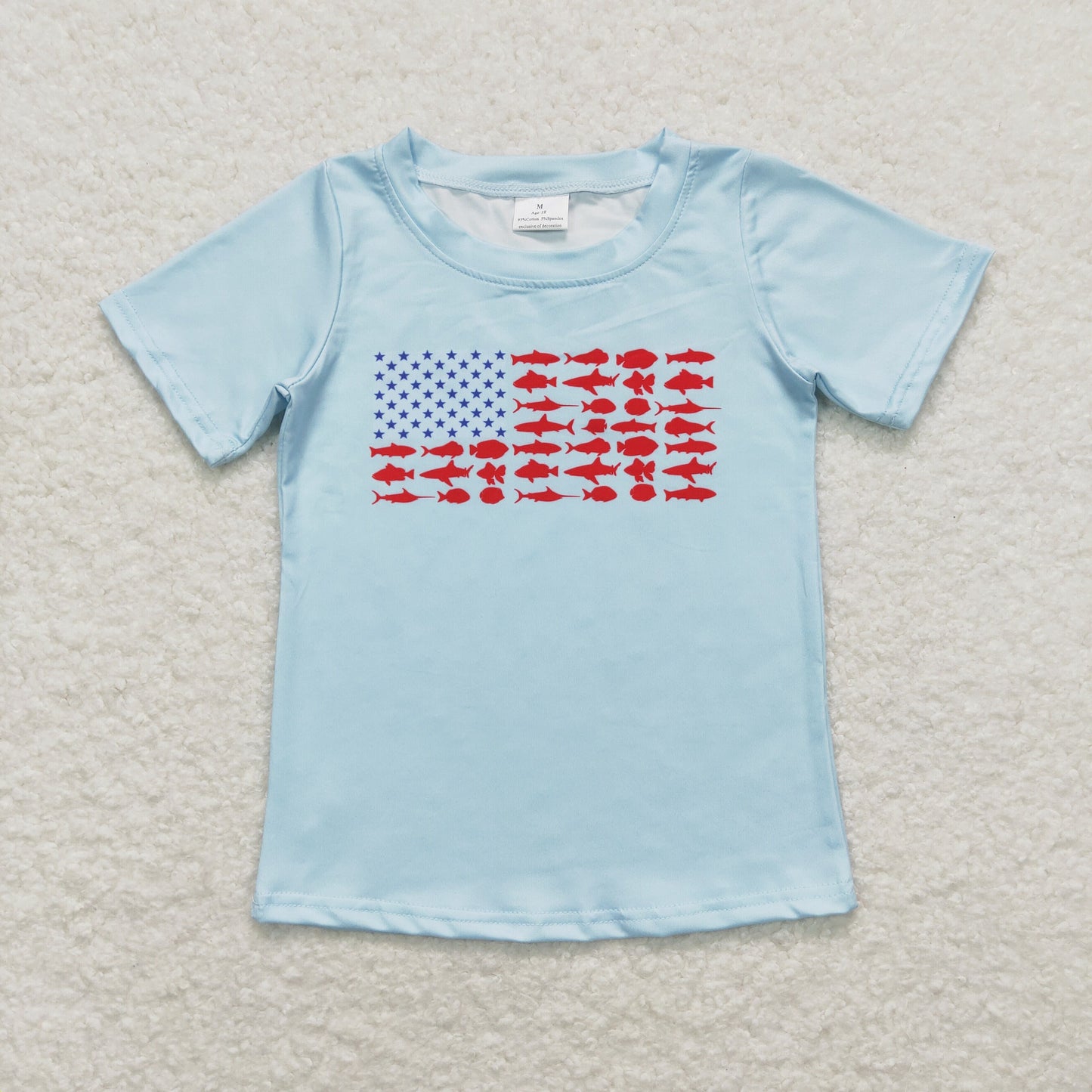 BT0614 American flag Minnow star Pattern Baby Boy Light Blue  Short sleeve Top boutique summer sets 202501
