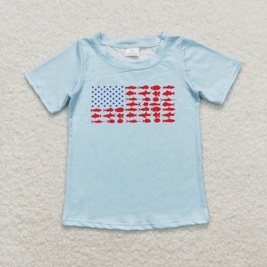BT0614 American flag Minnow star Pattern Baby Boy Light Blue  Short sleeve Top boutique summer sets 202501