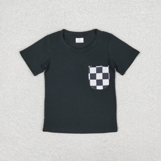 BT0660 Black and white check pocket short sleeve top high quality children applique clothing