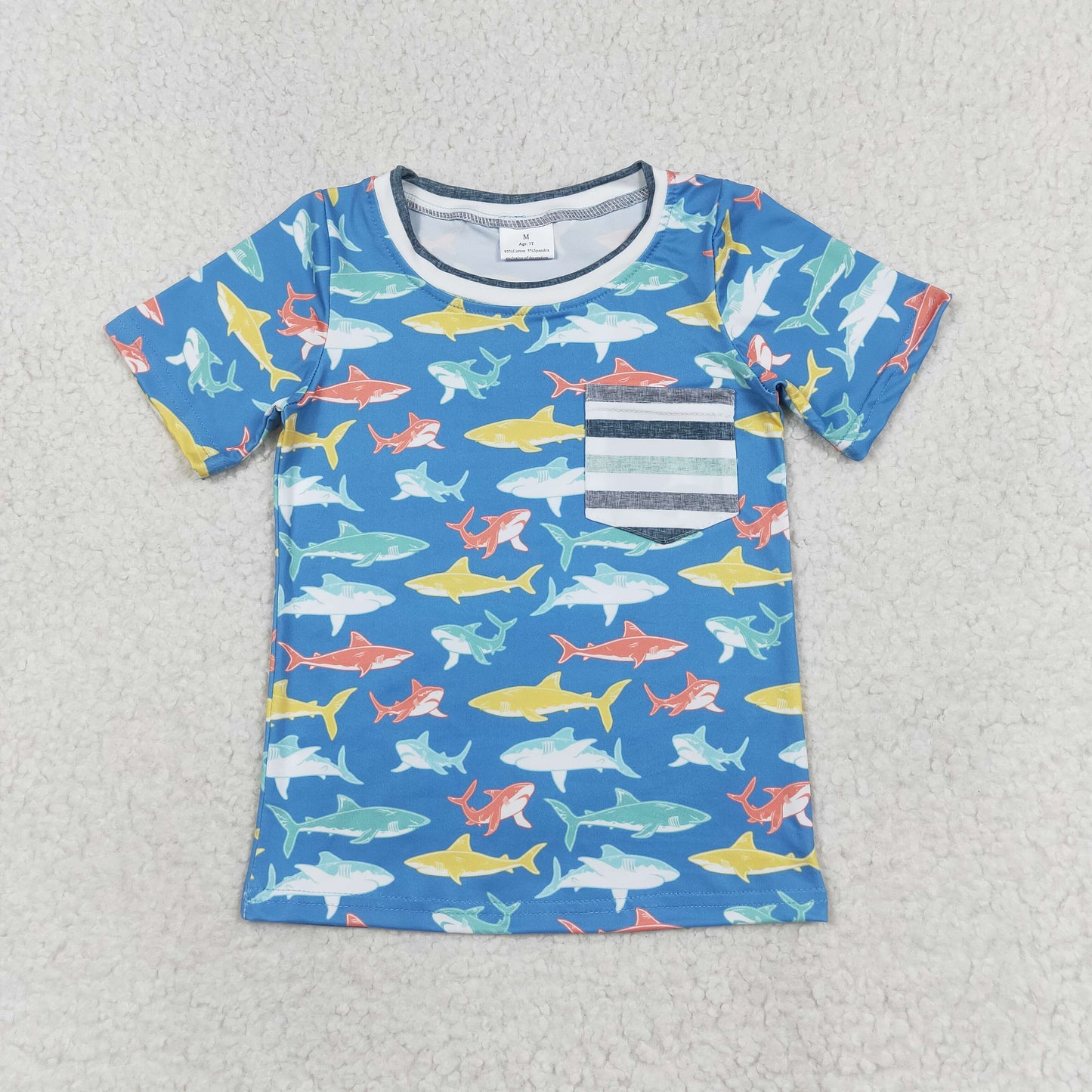 BT0667 Blue short-sleeved top with shark stripe pockets wholesale baby clothes