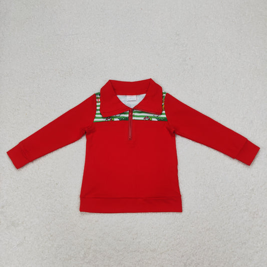 BT0726 grinch Puppy Christmas Tree Green striped red zipper long-sleeved top