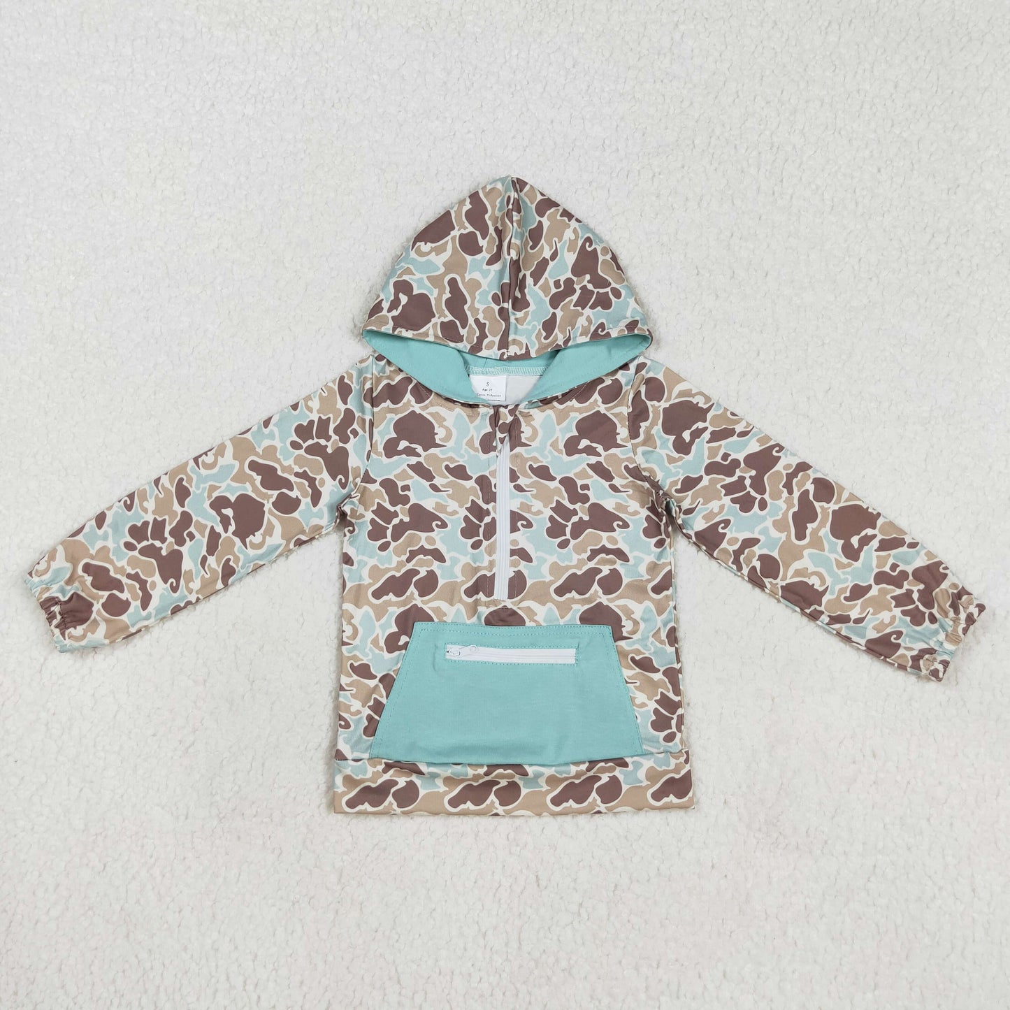 BT0751 Turquoise Camo Zipper Pocket Hooded Long-Sleeved Top Casual Cotton Clothing with Cartoon Pattern No MOQ