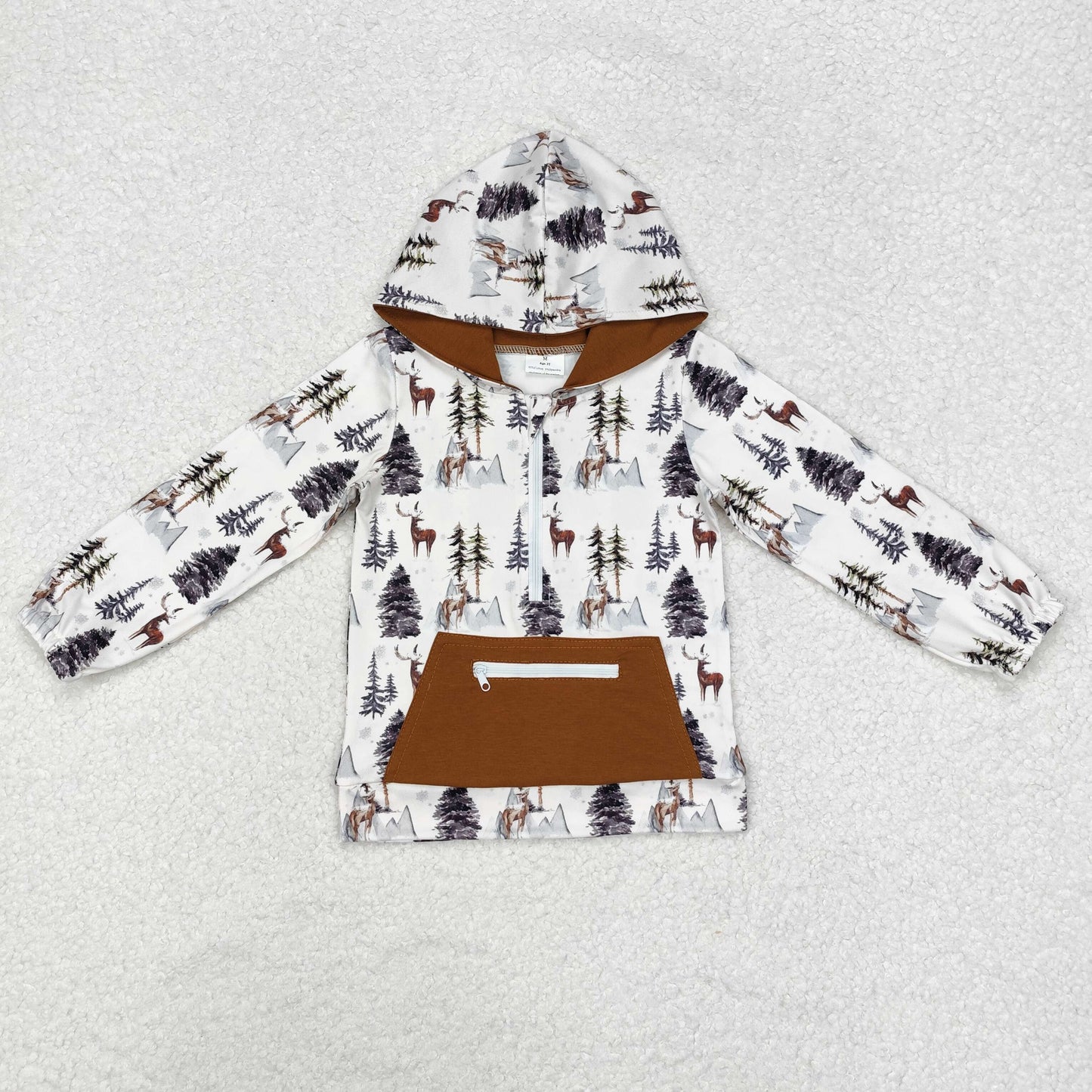 BT0758 Deer Pine Brown White Pocket Zip Hooded Long Sleeve Boys Top RTS 20241127