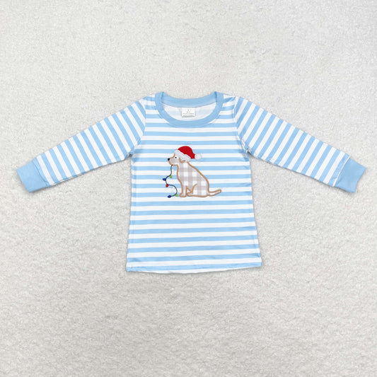 BT0791 Embroidered Santa hat puppy lights striped blue and white long-sleeved top