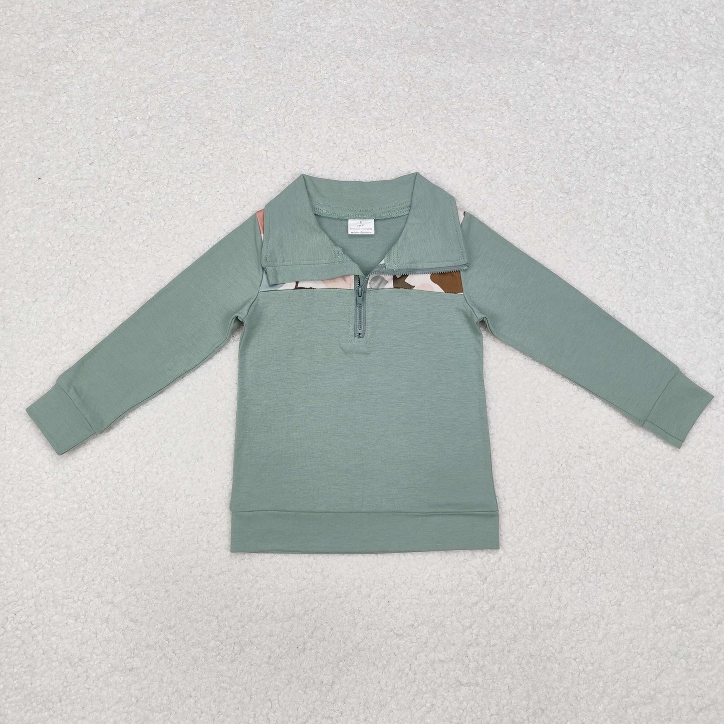 BT0796 Puppy duck camouflage green zipper long-sleeved top