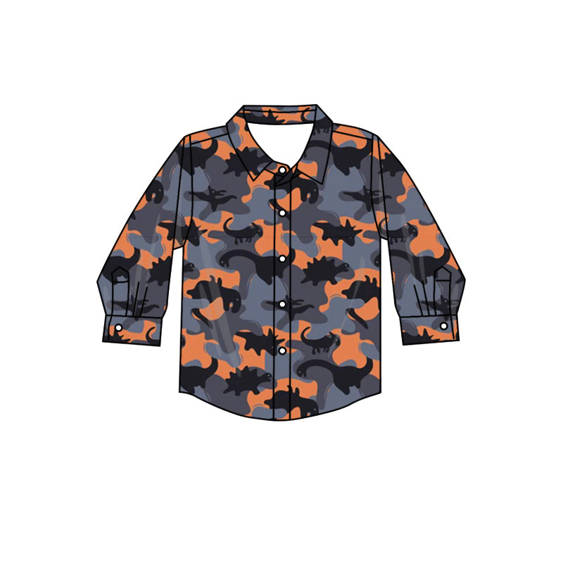 Preorder BT0802 NO MOQ Dinosaur blue-orange camouflage button-up long-sleeved top