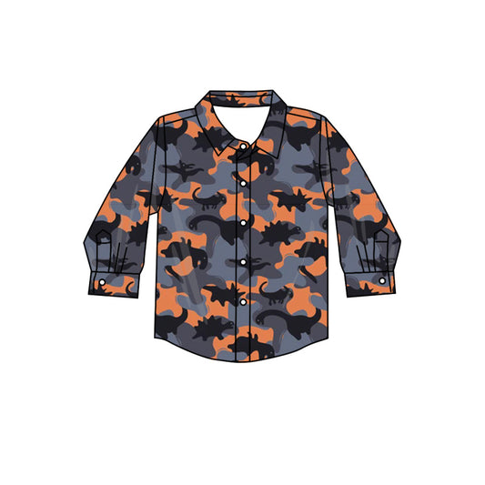 Preorder BT0802 NO MOQ Dinosaur blue-orange camouflage button-up long-sleeved top