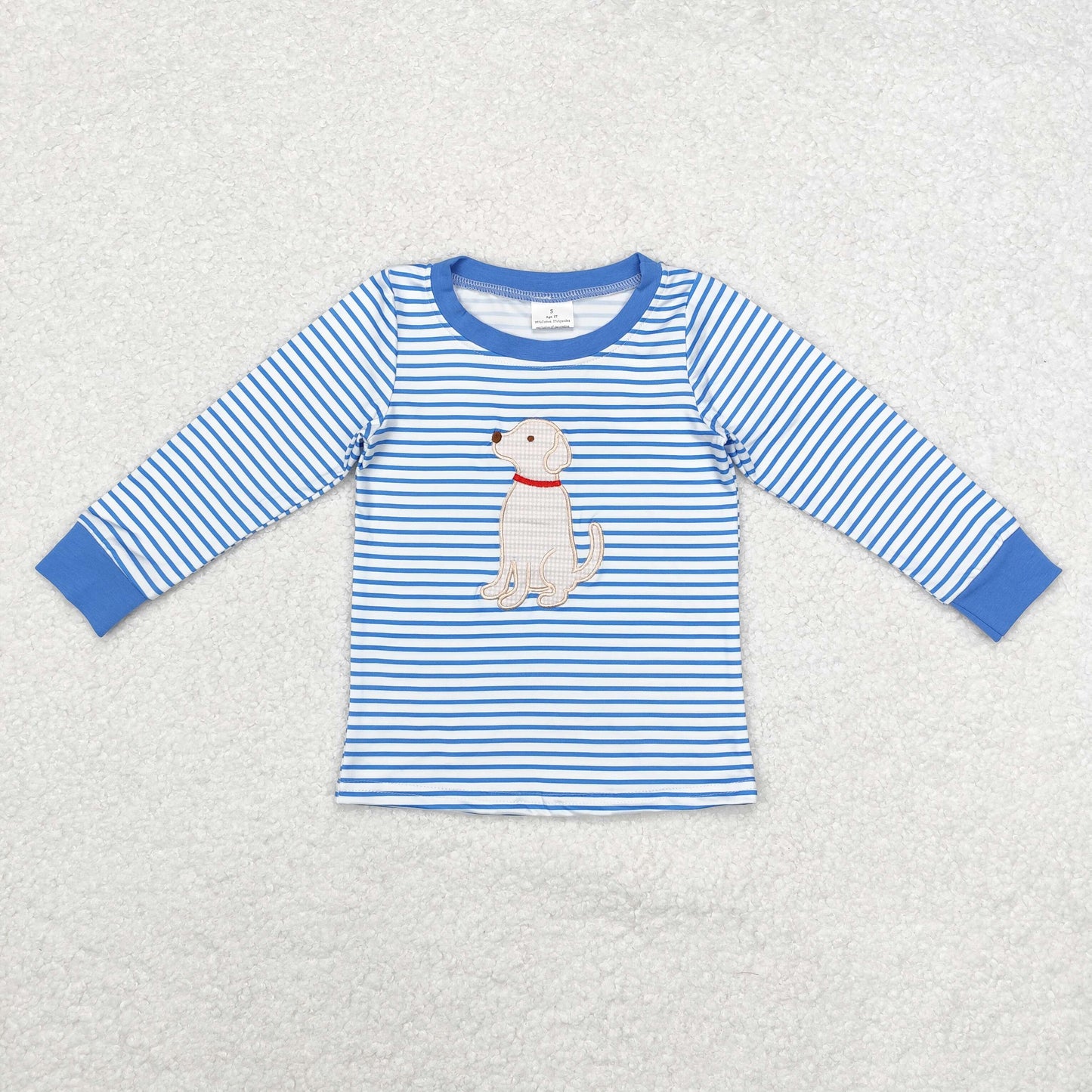 BT0808 Embroidered puppy striped blue and white long-sleeved top
