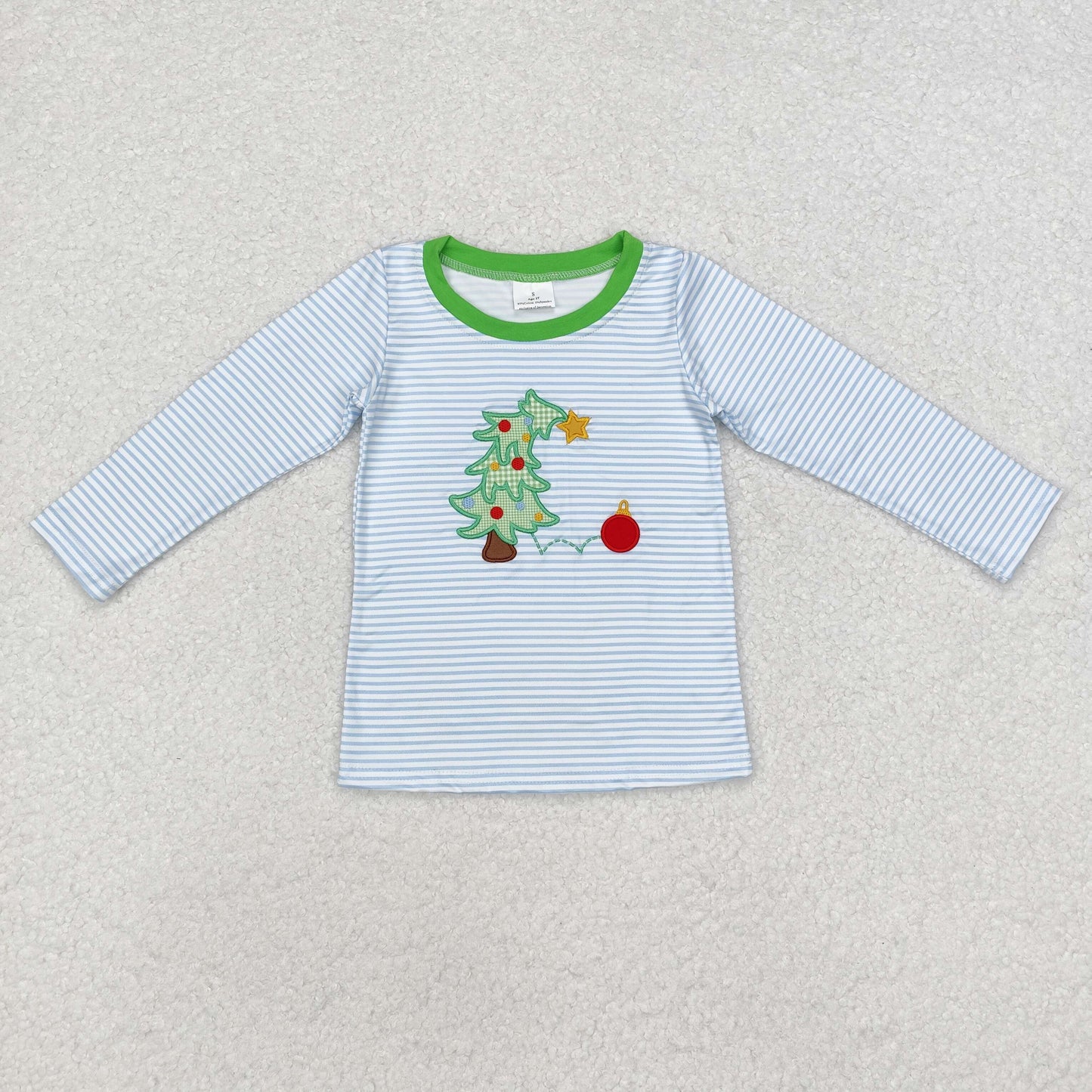 BT0809 Embroidered Christmas tree striped blue and white long-sleeved top