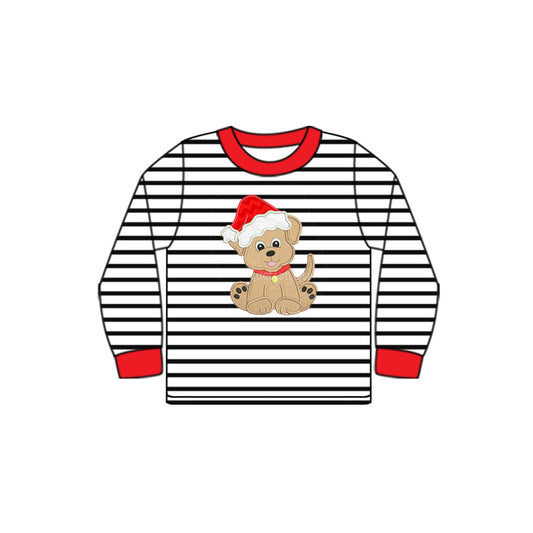 Preorder BT0819 NO MOQ Santa Hat Puppy striped long sleeve top