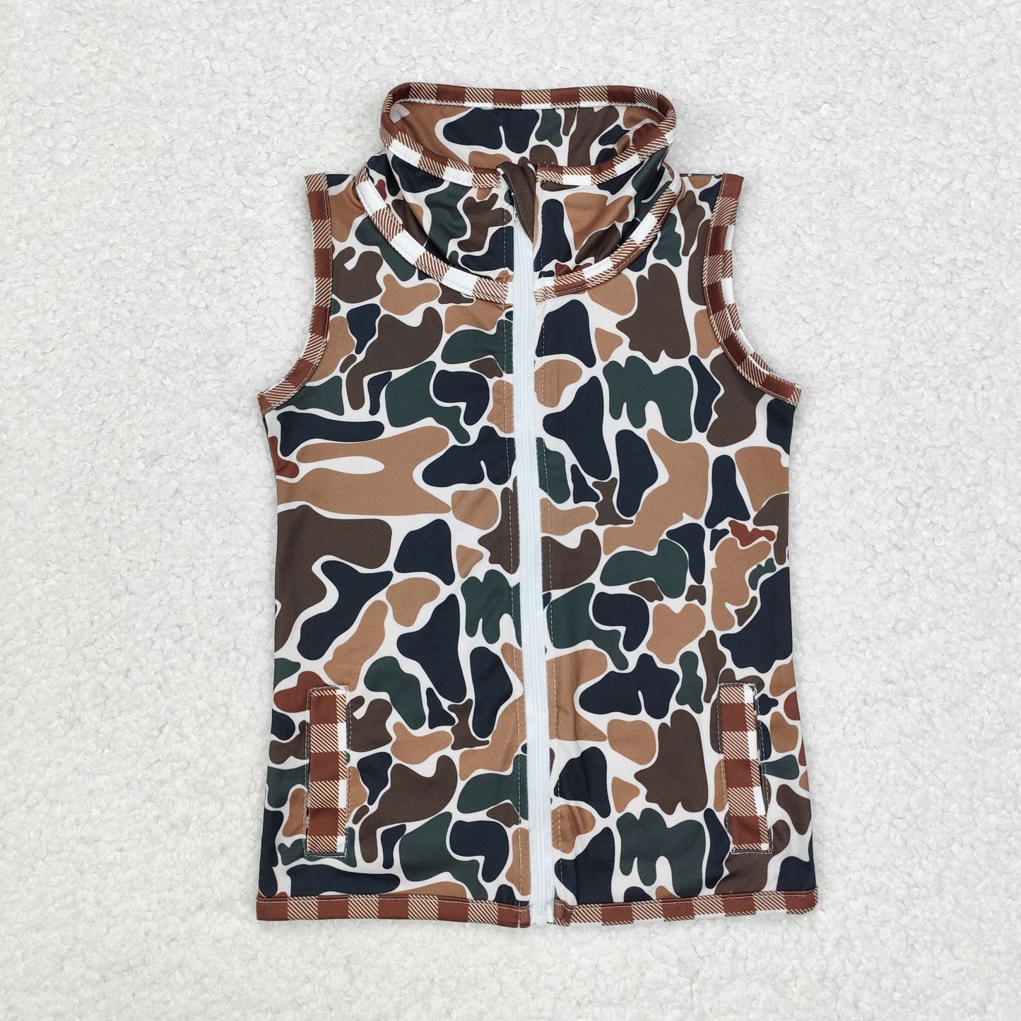 BT0856 Brown checked edge camo beige sleeveless zipper vest New arrival