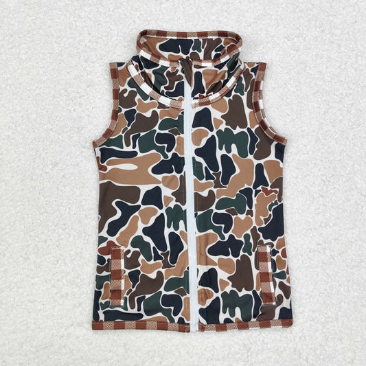 BT0856 Brown checked edge camo beige sleeveless zipper vest New arrival