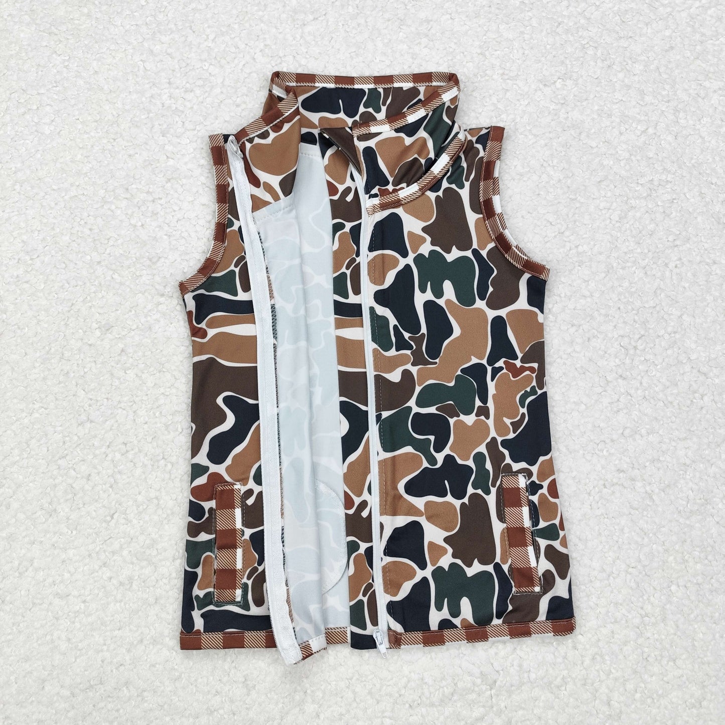 BT0856 Brown checked edge camo beige sleeveless zipper vest New arrival