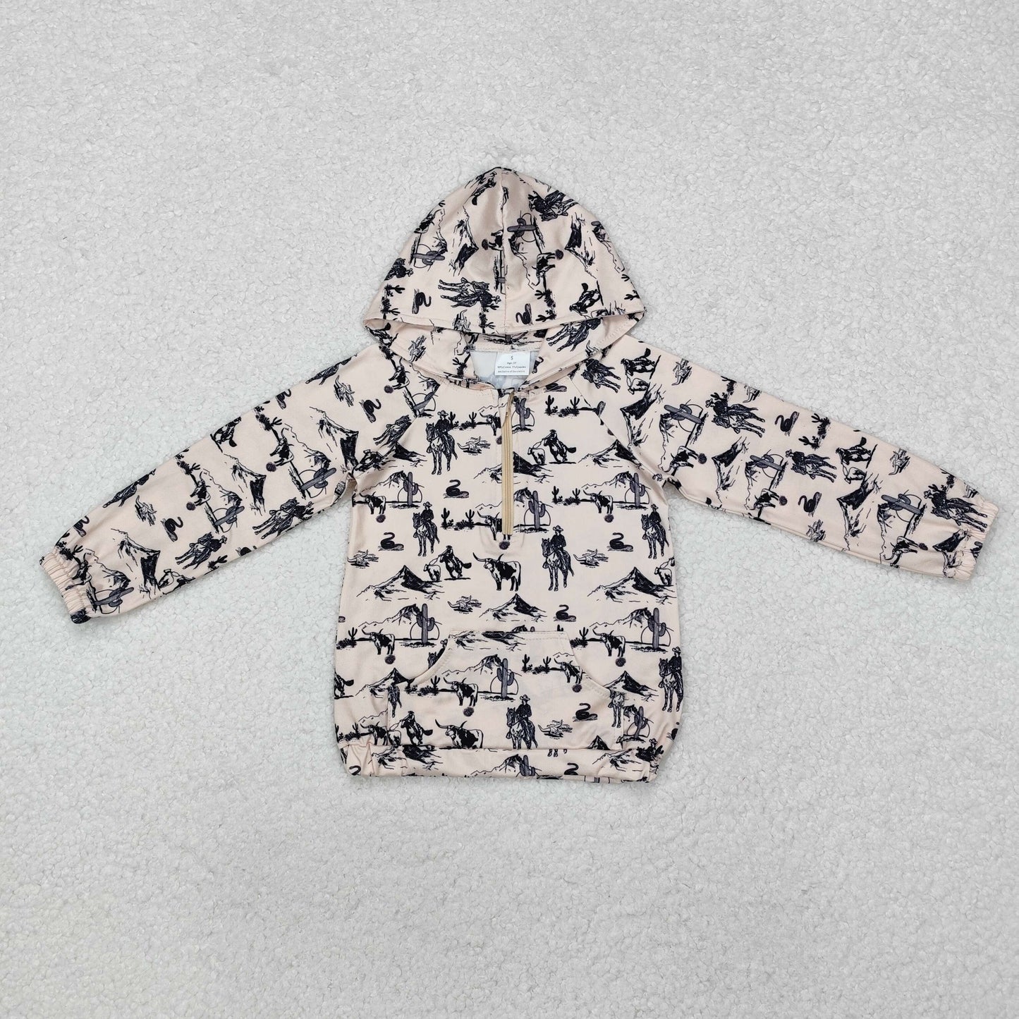 BT0874 Cowboy Riding Zipper Beige Hooded Long-Sleeved Boys Top RTS 202509