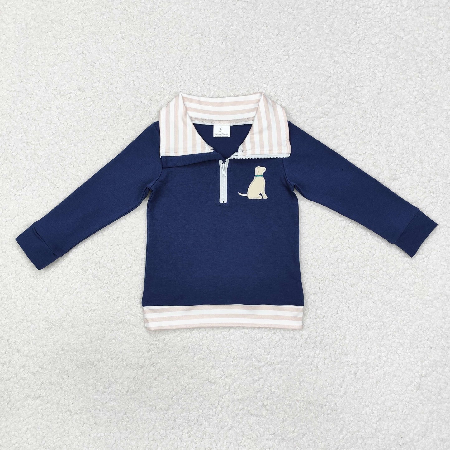BT0893 Embroidered Puppy Stripe Neckline Navy Zip Collar Long Sleeve Boys Top RTS 20241127