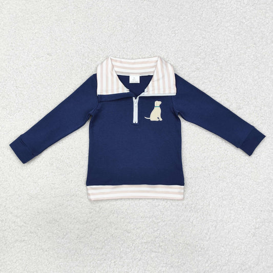BT0893 Embroidered Puppy Stripe Neckline Navy Zip Collar Long Sleeve Boys Top RTS 20241127